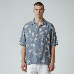 VTG 90s Campia‎ Moda Camp Shirt Large Blue White Rayon Aloha Floral Leaf